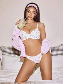 Floral Print Underwire Bra & Panty Lingerie Set - White - View 1