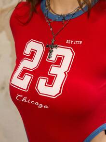 Rina Fox 女士休闲时尚街头风日常通勤数字字母印花撞色包边短袖高开衩连体衣，夏季 - 紅色 - 查看 4