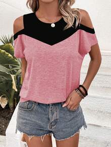 SHEIN LUNE Color Block Open Shoulder T-Shirt Graphic Tees Women Tops - Multicolor - View 4