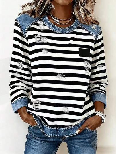 EMERY ROSE Plus Size Women Striped Faux Denim Print Round Neck Long Sleeve Casual T-Shirt