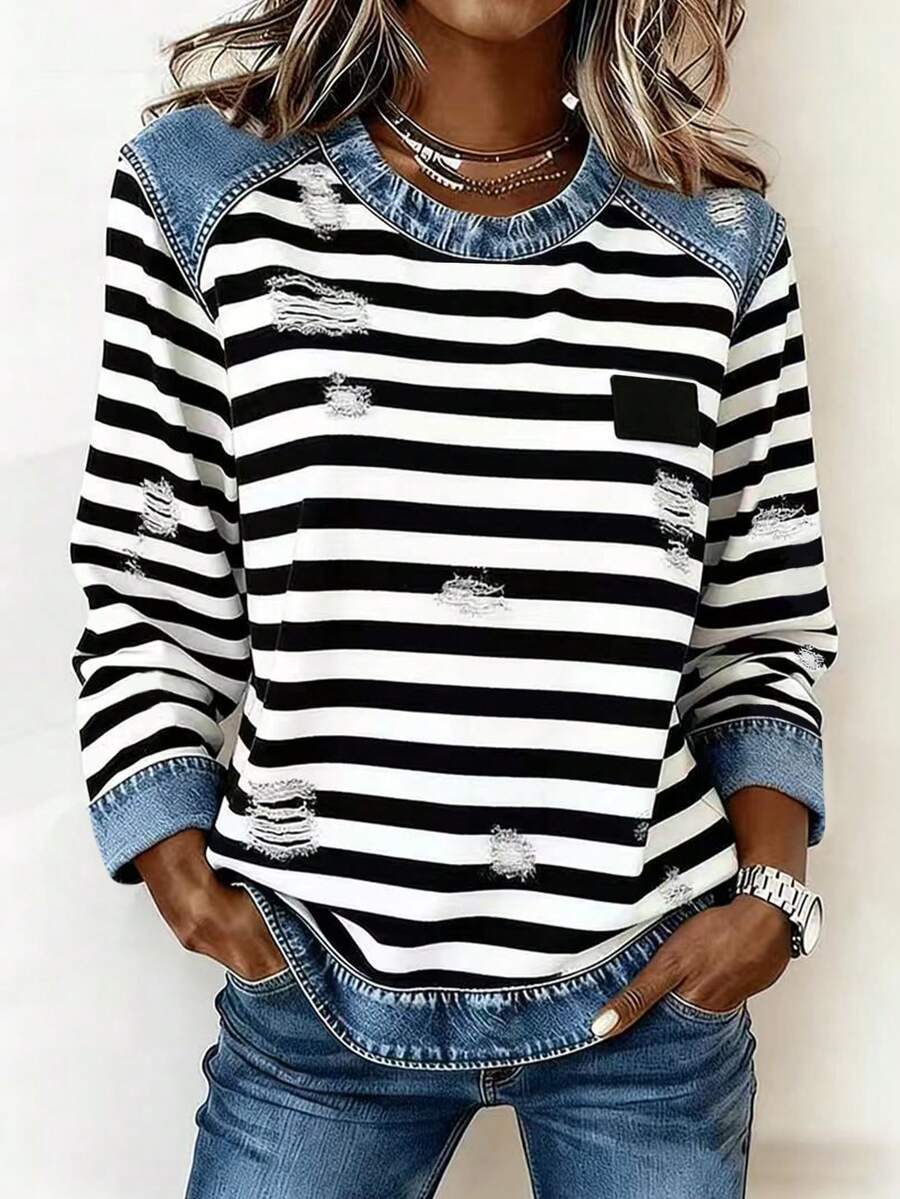 EMERY ROSE 大码女式条纹仿牛仔印花圆领长袖休闲T恤 - 彩色 - 查看 1