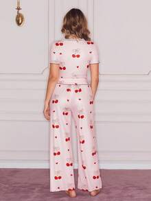 甜美女孩樱桃蝴蝶结蕾丝拼接睡衣套装，红色休闲宽松吊带背心和阔腿裤睡衣，青春优雅女士睡衣套装 - 彩色 - 查看 2