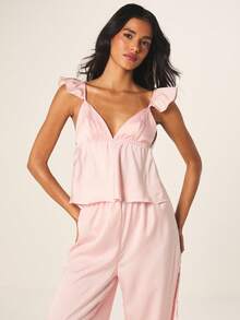 MISSGUIDED Women's Pink Ruffle Sleeveless V-Neck Cami Top With Wide Leg Palazzo Pants Pajama Set Sleep Loungewear For Spring Summer - Pink - View 5