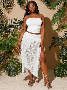 SHEIN SXY 大码性感蕾丝高开衩裙 - 白色 - 查看 4