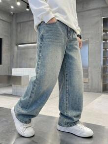 Tween Boy Pocketed Button Casual Versatile Daily Wear Wide Leg Jeans - Medium Wash - View 1