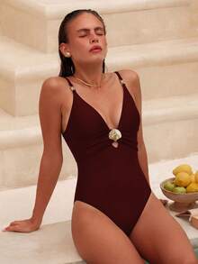 Swim Chiccia Women's One-Piece Swimsuit With Shell Metal Decor,V-Neck,Red,Summer,Elegant,Beach Party,Holiday Zestiva Yummy Control Bathing Suits Swimwear - Brown - View 6