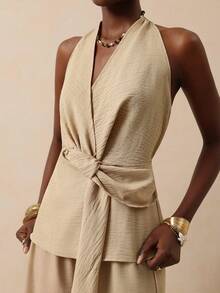 Vesra Bộ đồ 2 món dành cho nữ: Áo croptop cổ chữ V buộc dây sau lưng và quần ống rộng cạp chun. - Màu be - Xem 1