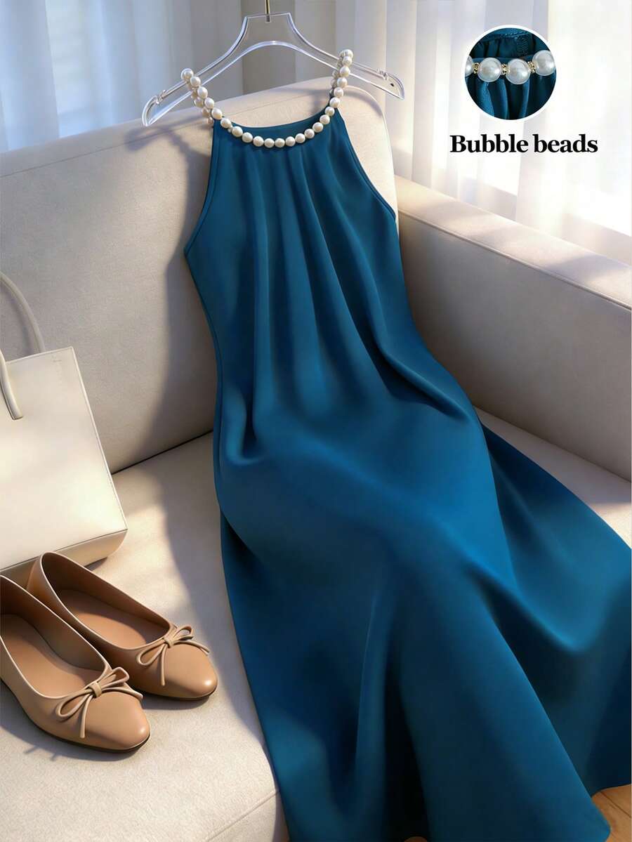 Franclia French-Style Light Luxury Fashion Elegant And Exquisite Vest Dress With Pearl Chain Collar, Red Vest Summer Dress, Blue Fashion Dress, Women's Elegant Dress, Women's Luxury Dress, Summer Dress, Women's Summer Outfit, Women's Wedding Guest Dress, Wedding Party Dress, Women's Graduation Dress, Party Dress Ocean Dress Simple Dress Bubble Beads Dress Loose Dresses Blue Dress Summer Long Blue Dress Dress With Pearls Halter Neck Dress Blue Silk Dress Bubble Dress - Teal Blue - View 1