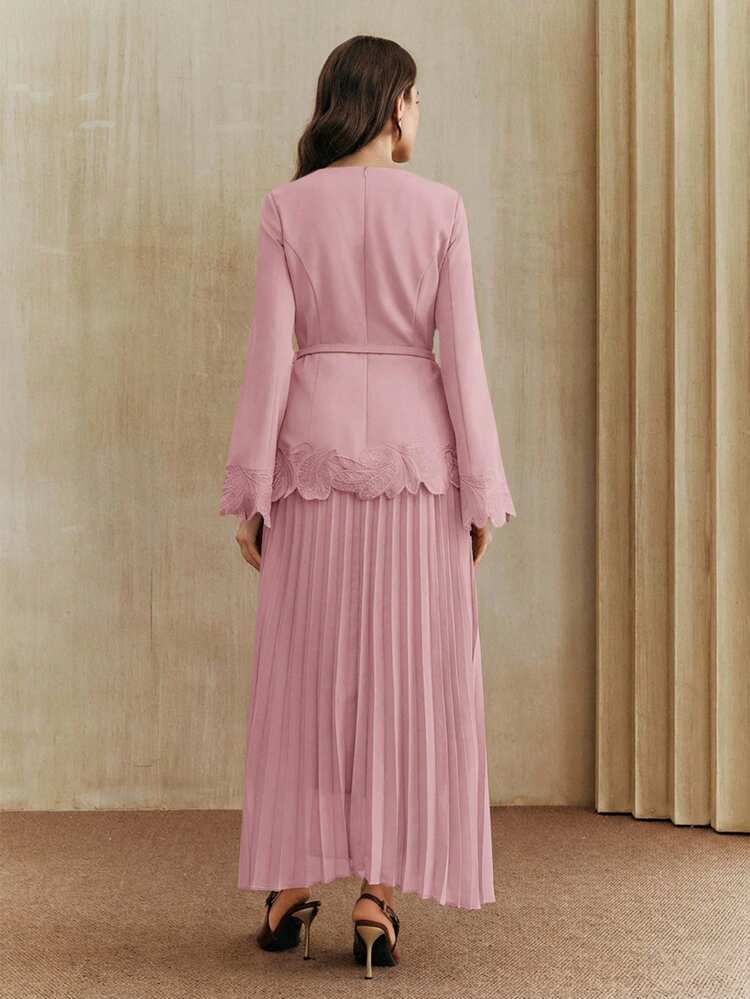 Women's Spring Pink Vintage Elegant Embroidered Waist Pleated Dress Pink Dress Elegant Dress