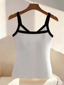 Franclia 女士休闲优雅罗纹针织撞色滚边纽扣细节无袖吊带背心，适合日常穿着/通勤/休闲度假/浪漫约会/上学/海滩度假 - 白色 - 查看 2