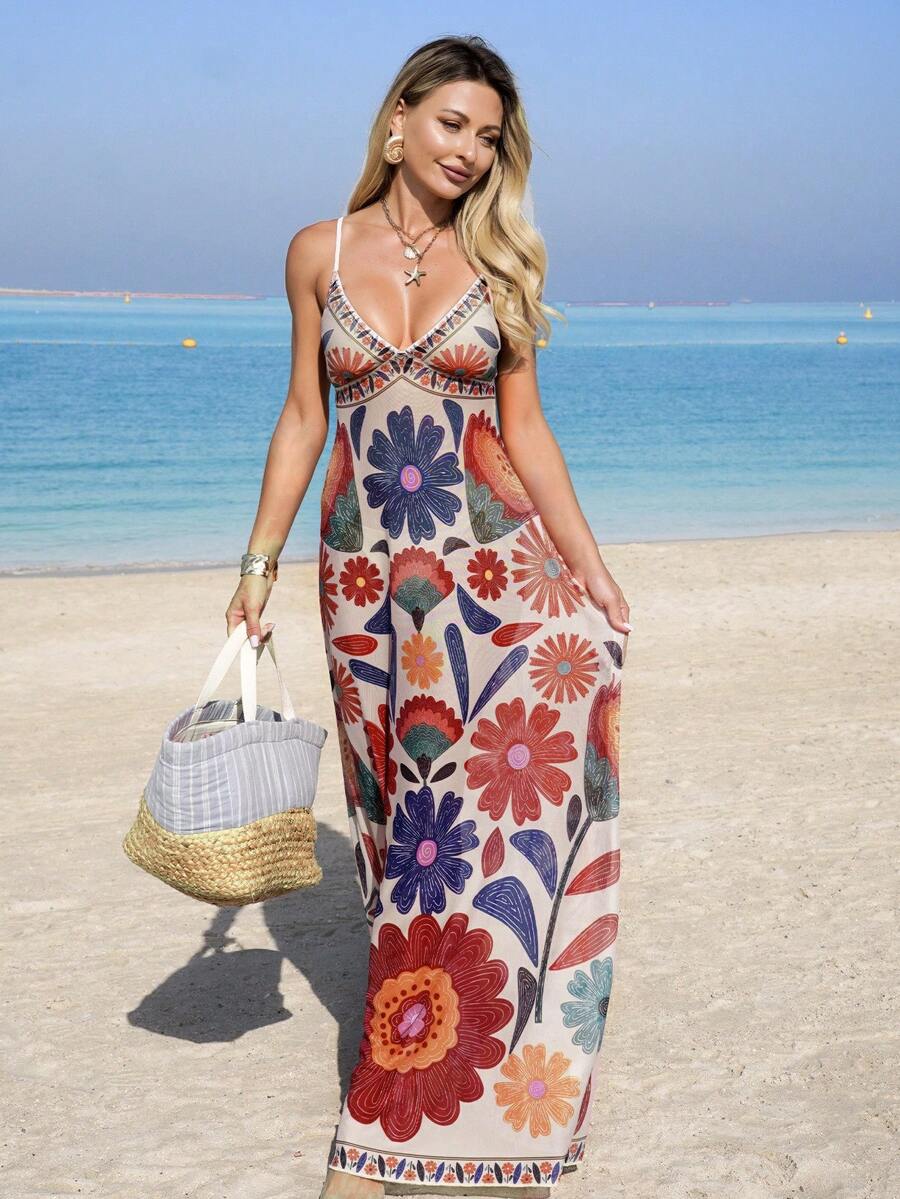 Swim Lushoire Women's Summer Beach Floral Random Print Spaghetti Strap Maxi Dress - Multicolor - View 1