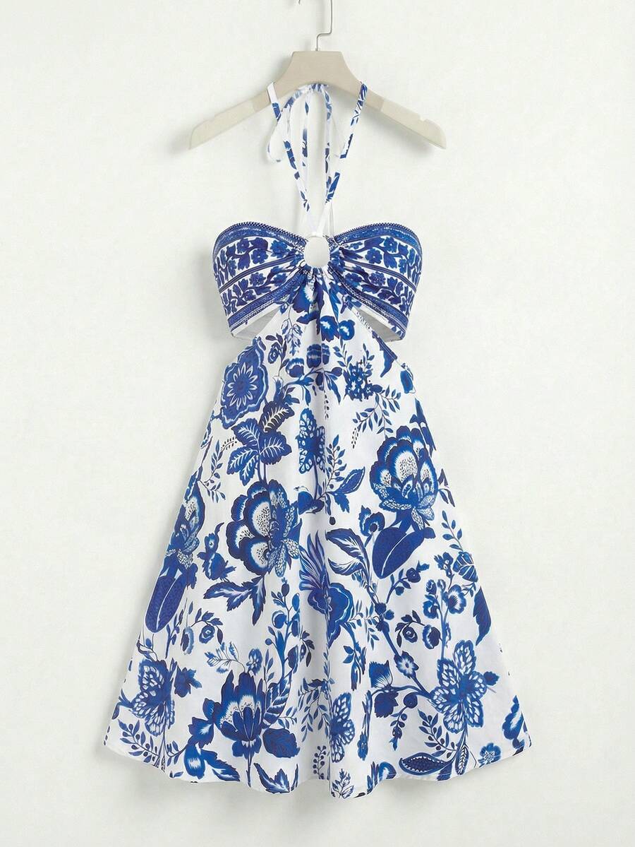 GlowEve Women's Vacation Casual Floral Print Backless Halter Dress - Blue - View 1