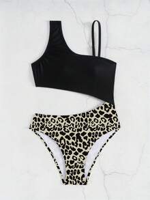 Tween Girl Leopardmönstrad Off-Shoulder Baddräkt i Helt Delat, Lämplig För Strandsemester, Poolparty, Strandfest - Svart - Visa 6