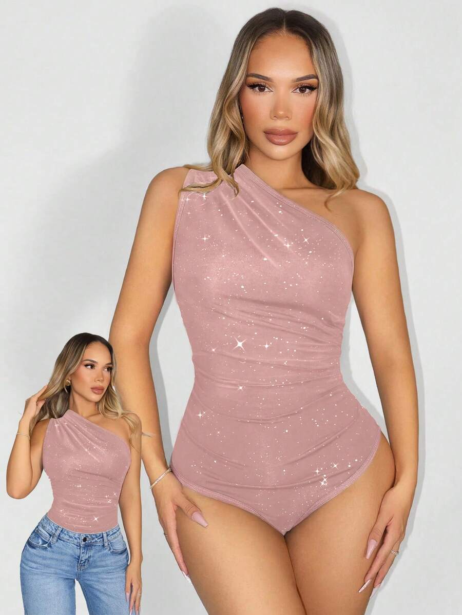 Sirith Women's Summer Fashion Ruched One-Shoulder Bodysuit - Pink - View 1