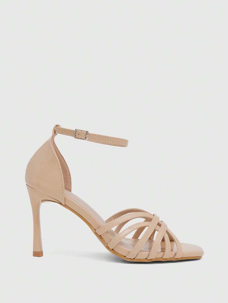 CUCCOO SZL Women's Spring/Summer New Arrival Criss-Cross Woven Strap Design Square Toe Stiletto High Heel Glossy Black Patent Leather Peep Toe Sandals, Suitable For Party, Date Night, Summer Outfit