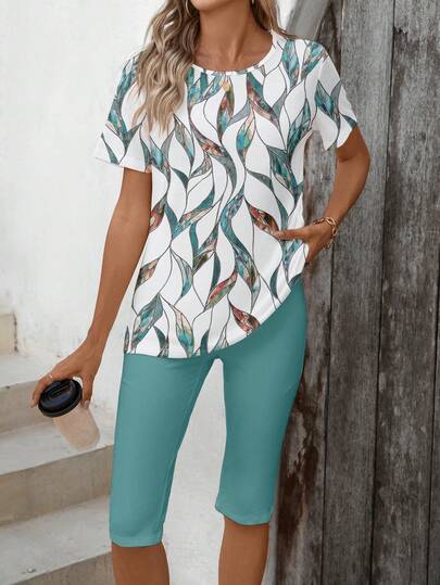 EMERY ROSE 两件套女士休闲简约印花短袖T恤和打底裤，适合夏季穿着