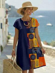 EMERY ROSE Casual Minimalist Vacation Printed Women Short Dress - Multicolor - View 5