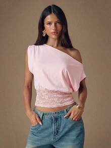 SHEIN BAE Áo kiểu nữ màu đen dệt kim phối ren, vai lệch, thời trang, thích hợp cho mùa Thu/Đông. - Màu Hồng  San hô - Xem 1