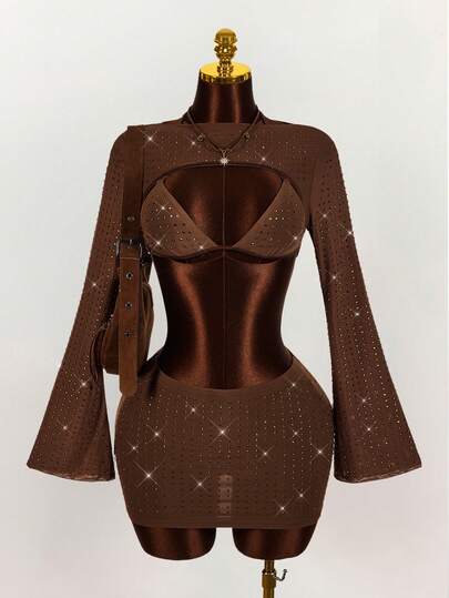 Amplova 3pcs Set: Mesh Rhinestone Embellished Flare Sleeve Y2k Summer Outfits For Women Spring Clothes Women Easter Dress Women Festival Outfits For Women Elegant Dresses For Party Beach Outfits For Women Wedding Guest Party Dress Elegant Dresses For Women  Casual Dresses For Women Beach Vacation Outfits For Women