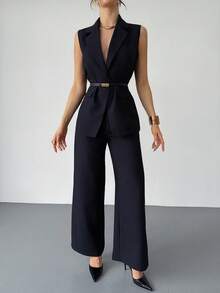 SHEIN Women's Solid Color Lapel NeckVest And Pants Casual Suit Set - Black - View 7