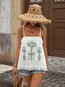 Brillora Débardeur décontracté femme à imprimé tout-sur-tout avec franges, 100% coton bohème brodé, débardeur ample à franges, débardeur décontracté pour vacances, tee-shirt polyvalent pour la plage. Tenues de plage pour femmes, hauts d'été pour femmes, hauts de vacances pour femmes, vêtements bohèmes mignons pour femmes, tenues de Cabo pour femmes - Vert - Voir 9