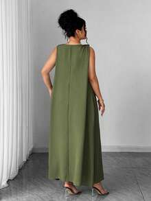 Elenzga 大码女式格子亚麻混纺露肩扭结H字宽松长款连衣裙，带口袋，军绿色，优雅法式浪漫复古办公通勤商务休闲海滩度假街头风简约百搭连衣裙，春夏新款 - 軍綠色 - 查看 2