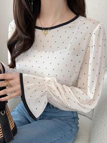 FRIFUL Áo kiểu nữ cổ tròn tay dài chấm bi mỏng nhẹ, thích hợp mặc mùa hè. - Màu be - Xem 2