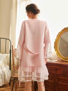 French Elegant Soft Pink Lace Trim Loose Ruffled Hem Robe And Sexy Draped Neck Camisole Women Sleepwear Set - Pink - View 2
