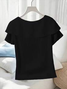 Camiseta casual de mujer de unicolor con diseño de botones y decoración de lazo en las mangas cortas - Negro - Ver 2