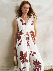 Airaco Spring/Summer New Vintage Printed Sleeveless Shirt Top, Casual Loose Wide Leg Pants, Resort Style - Multicolor - View 1