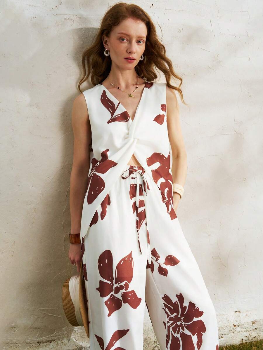 Airaco Spring/Summer New Vintage Printed Sleeveless Shirt Top, Casual Loose Wide Leg Pants, Resort Style - Multicolor - View 1