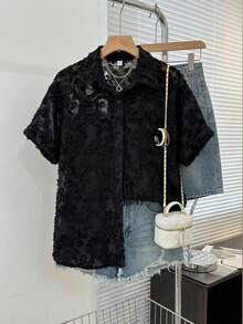 SHEIN LUNE Plus Size Women's Fashionable Casual Button-Down Short Sleeve Shirt Black Tops Black Blouse Casual Outfit For Women Casual Blouse For Women Vacation Outfits Women Beach Vacation Outfits For Women Holiday Outfits Beach Outfits For Women Easter Spring Outfit Women Summer Outfits, Summer Tops - Black - View 8