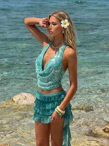 Aloruh Women's Summer Beach Vacation Tie-Dye Print Low Waist Asymmetrical Layered Ruffle Hem Skirt Summer Summer Summer For Women Summer Holiday Vacation Vacation Women Holiday For Women Summer Holiday Vacation For Women Summer Vacation Beach Vacation For Women - Blue - View 1