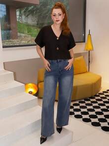 Gretanique 秋冬新款简约时尚通勤深V领短袖修身双扣开衫，休闲百搭 - 咖啡棕 - 查看 6