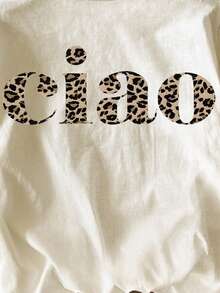 Glissea Women's Leopard Print Letter Graphic Round Neck Short Sleeve T-Shirt - Apricot - View 5