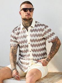 Manfinity CasualCool 男士针织提花撞色条纹短袖衬衫和纯色短裤套装 - 卡其色 - 查看 4