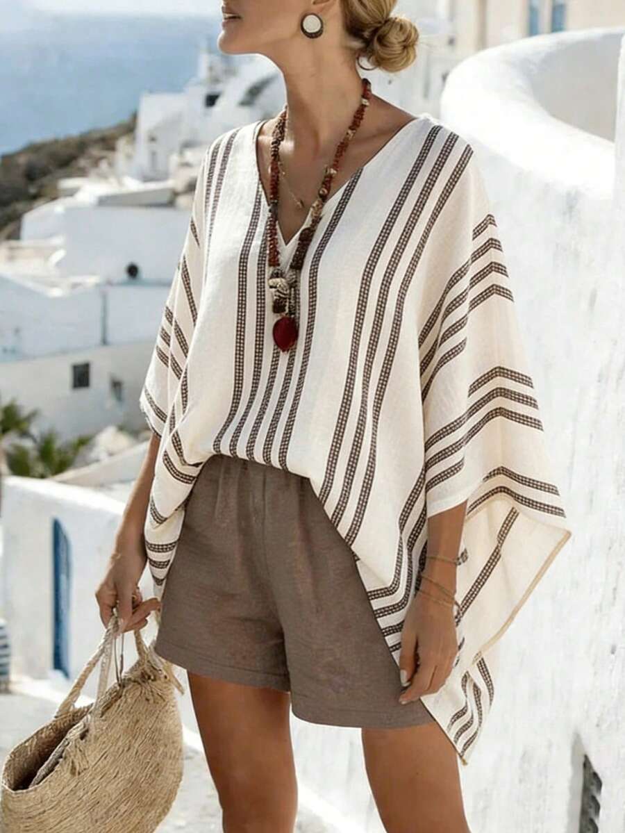 Balvessa Women's Striped Patchwork V-Neck Blouse And Casual Pants Set, Spring/Summer - Khaki - View 1