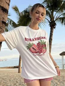 MainGRL Strawberry Print T-Shirt & Plaid Shorts Casual Loungewear Set - Red - View 4