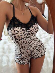 SHEIN Women's Leopard Print Patchwork Black Lace Sexy Jumpsuit Pajamas - Khaki - View 6