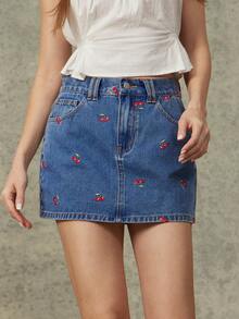 WESTFADE 樱桃刺绣棉混纺牛仔迷你裙，适合春季、夏季、度假、休闲、海滨牛仔风、波西米亚风、农贸市场、假期、海滩、节日、西部风格等场合穿着。 - 中等水洗藍 - 查看 2