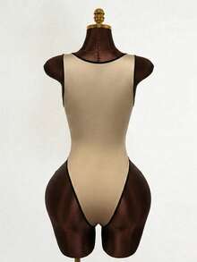 Mistrie 女士休闲时尚街头字母印花水钻滚边背心连体衣，夏季 - 卡其色 - 查看 2