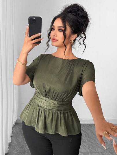 Elenzga Áo kiểu nữ cỡ lớn màu trơn cổ tròn tay ngắn viền bèo nhún thời trang, trang phục thường ngày nữ, áo tay ngắn nữ, áo kiểu nữ thanh lịch, sang trọng, hợp xu hướng, áo kiểu nữ có chun eo, áo kiểu mới nhất, áo peplum cho nữ.