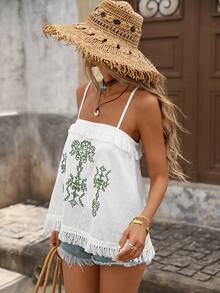 Brillora Débardeur décontracté femme à imprimé tout-sur-tout avec franges, 100% coton bohème brodé, débardeur ample à franges, débardeur décontracté pour vacances, tee-shirt polyvalent pour la plage. Tenues de plage pour femmes, hauts d'été pour femmes, hauts de vacances pour femmes, vêtements bohèmes mignons pour femmes, tenues de Cabo pour femmes - Vert - Voir 8