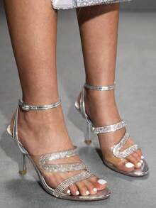CUCCOO SZL 女士新款时尚闪亮水钻交叉银色高跟凉鞋，圆头细跟派对宴会礼服鞋，适合万圣节、圣诞节和新年等场合。 - 銀色 - 查看 8