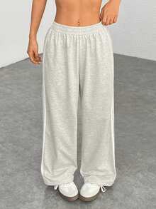 SHEIN PETITE Casual Black Side Striped Trousers Simple Fashion Daily Casual Graduation,Back To School Outfits,Graduation,Teacher Outfits For Women,Back To School - Light Grey - View 4