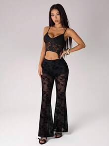 SHEIN PETITE Quần ống loe lưới xuyên thấu gợi cảm dành cho nữ, màu đen. - màu đen - Xem 4