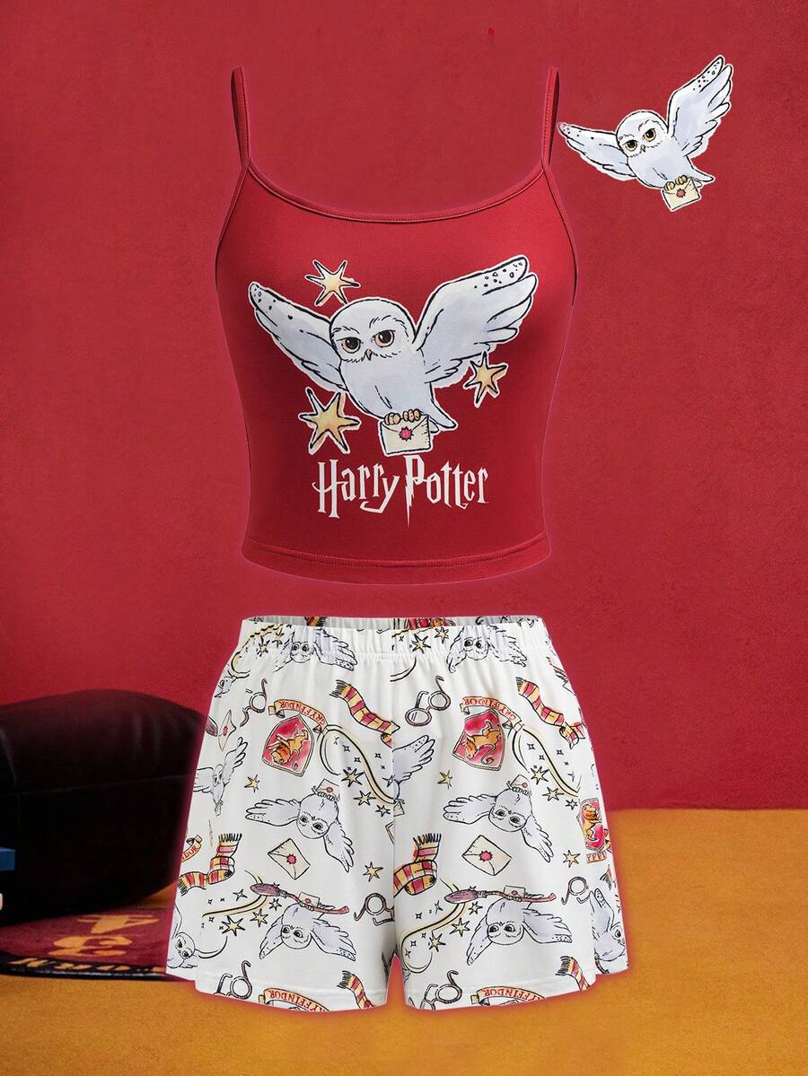 HARRY POTTER X SHEIN Conjunto de pijama de tirantes finos y sin mangas con diseño de moda temático para mujer, de verano - Rojo - Ver 1
