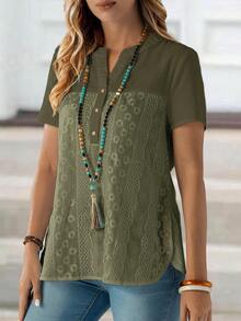 EMERY ROSE 女士夏季棉质刺绣V领短袖衬衫 春季女装 - 軍綠色 - 查看 3