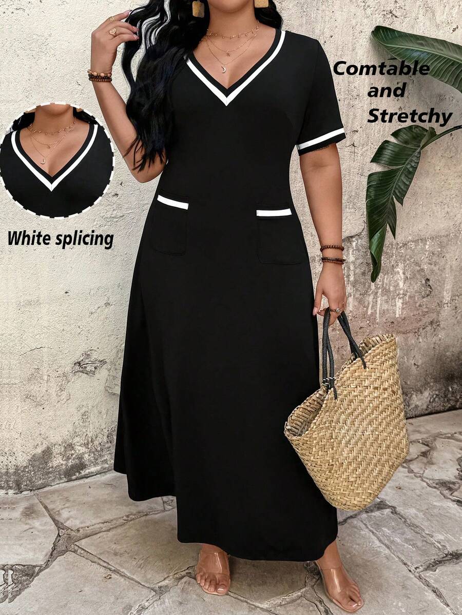 EMERY ROSE 大码女式V领短袖A字宽松休闲连衣裙，舒适时尚，适合度假、日常穿着、职场等场合，优雅百搭，长款设计 - 黑色 - 查看 1