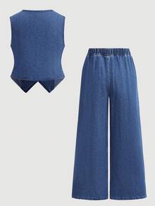 SHEIN Conjunto informal de niña preadolescente con chaleco de mezclilla y pantalones vaqueros de pierna ancha - Azul - Ver 2